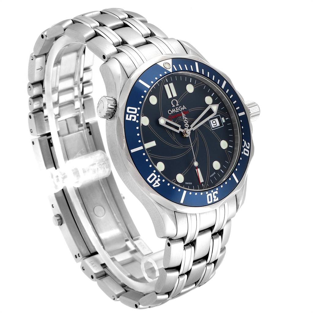 The image shows an angled view of the Omega Seamaster 2226.80.00 Men's Stainless Steel Blue Dial 2226.80.00 Men's Stainless Steel Blue Dial watch, highlighting the dial, bezel, crown, and metal bracelet.