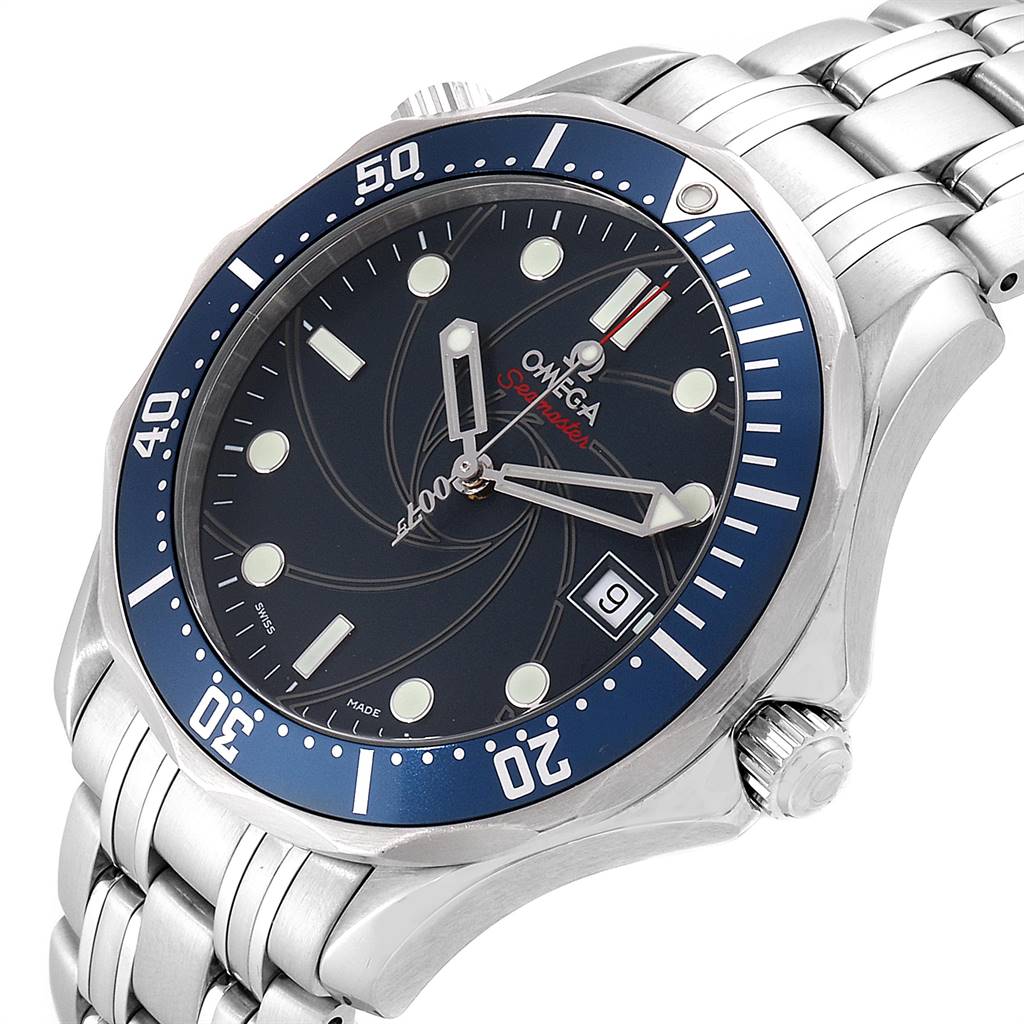 This Omega Seamaster 2226.80.00 Men's Stainless Steel Blue Dial 2226.80.00 Men's Stainless Steel Blue Dial watch is shown at an angle highlighting the dial, bezel, crown, and bracelet.