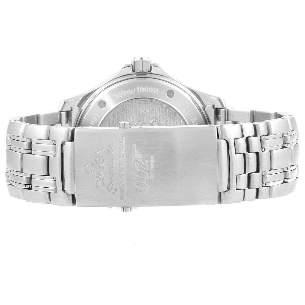 The image shows the back of the Omega Seamaster 2226.80.00 Men's Stainless Steel Blue Dial 2226.80.00 Men's Stainless Steel Blue Dial watch and its metallic bracelet and clasp.