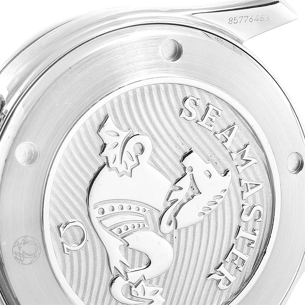 The image shows the stainless steel case back of the Omega Seamaster 212.30.41.20.03.001 Men
s Stainless Steel Blue Dial 212.30.41.20.03.001 Men
s Stainless Steel Blue Dial watch, featuring the engraved logo and serial numbers.