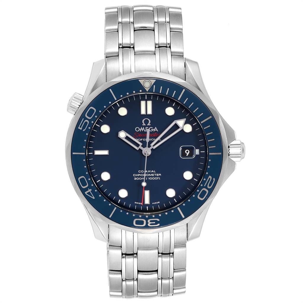This image shows a front view of the Omega Seamaster 212.30.41.20.03.001 Men
s Stainless Steel Blue Dial 212.30.41.20.03.001 Men
s Stainless Steel Blue Dial watch, displaying the dial, bezel, and bracelet.