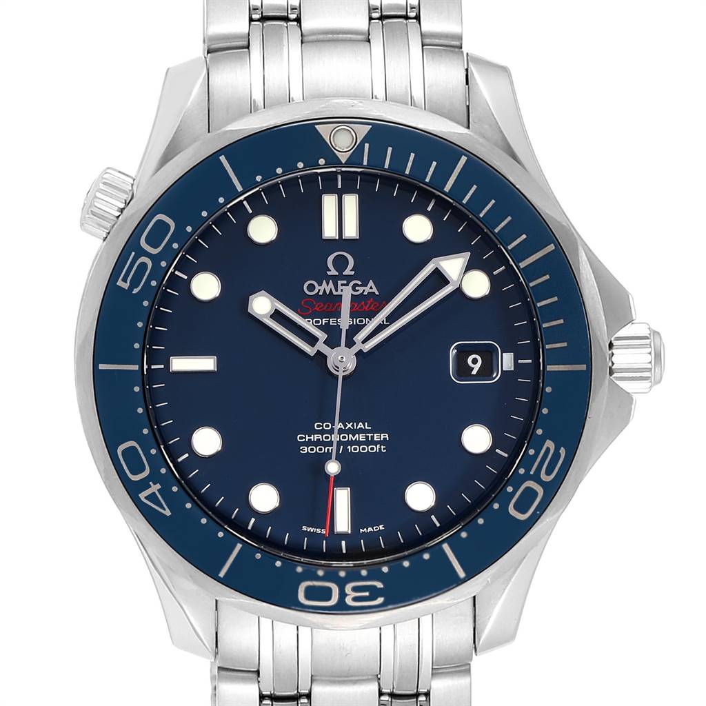 This image shows a front view of an Omega Seamaster 212.30.41.20.03.001 Men
s Stainless Steel Blue Dial 212.30.41.20.03.001 Men
s Stainless Steel Blue Dial watch, displaying the dial, bezel, crown, and part of the bracelet.
