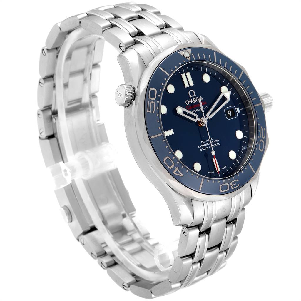The image shows an angled view of the Omega Seamaster 212.30.41.20.03.001 Men
s Stainless Steel Blue Dial 212.30.41.20.03.001 Men
s Stainless Steel Blue Dial watch, highlighting the face, bezel, crown, and stainless steel bracelet.
