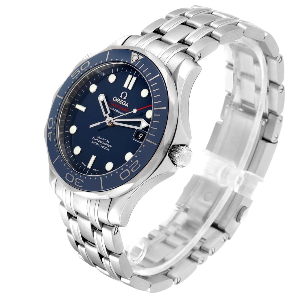 The Omega Seamaster 212.30.41.20.03.001 Men
s Stainless Steel Blue Dial 212.30.41.20.03.001 Men
s Stainless Steel Blue Dial watch is shown at an angled side view, showcasing the face, bezel, crown, and metal bracelet.