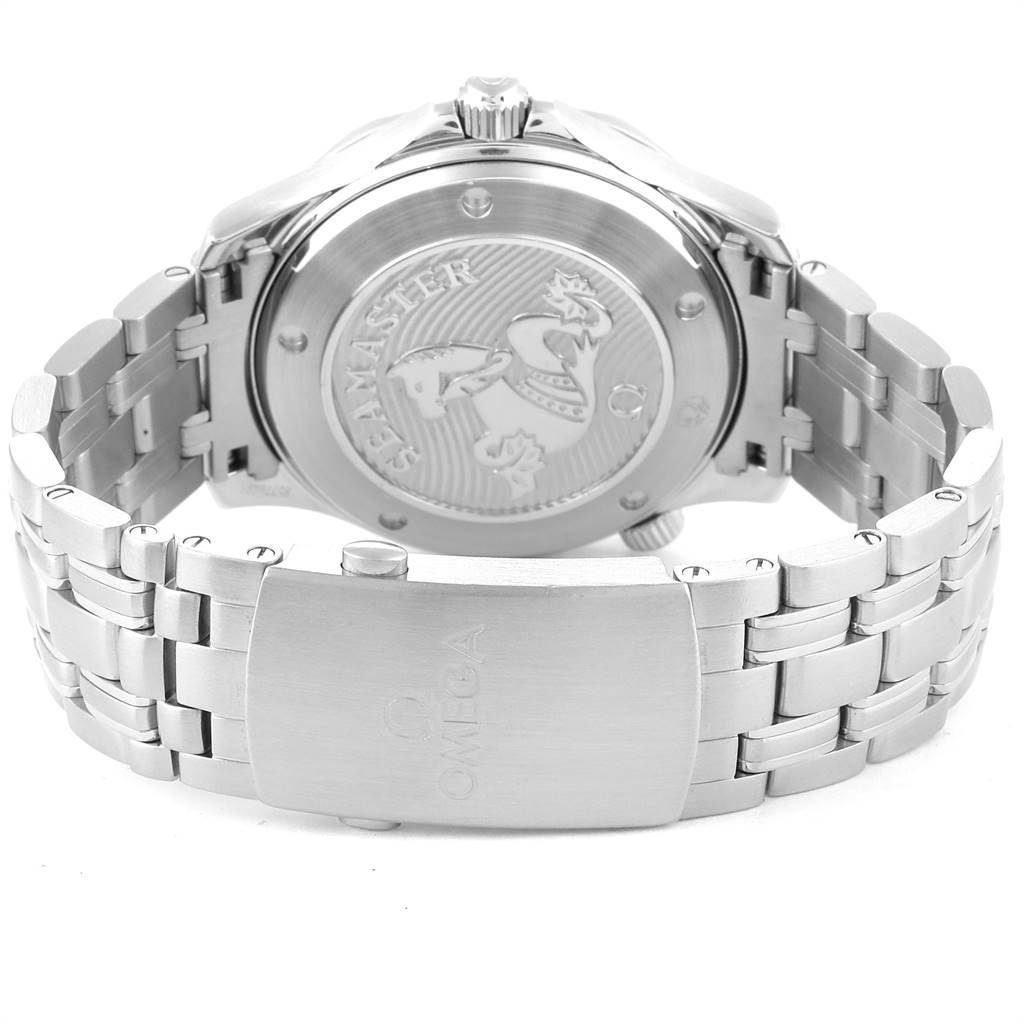 The image shows the rear view of the Omega Seamaster 212.30.41.20.03.001 Men
s Stainless Steel Blue Dial 212.30.41.20.03.001 Men
s Stainless Steel Blue Dial watch, highlighting the case back and bracelet clasp.