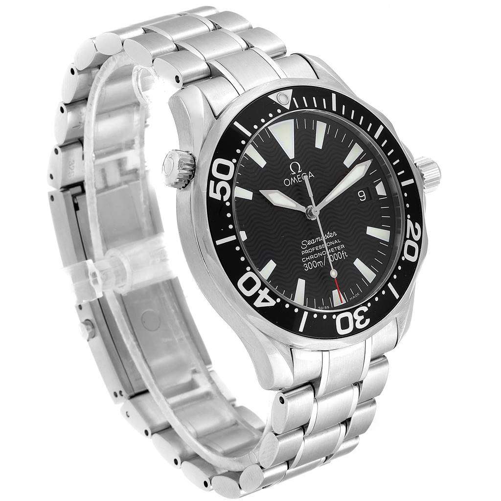 The Omega Seamaster 2254.50.00 Men
s Stainless Steel Black Dial 2254.50.00 Men
s Stainless Steel Black Dial watch is shown from a three-quarter angle, displaying the bracelet, case, bezel, dial, and crown.