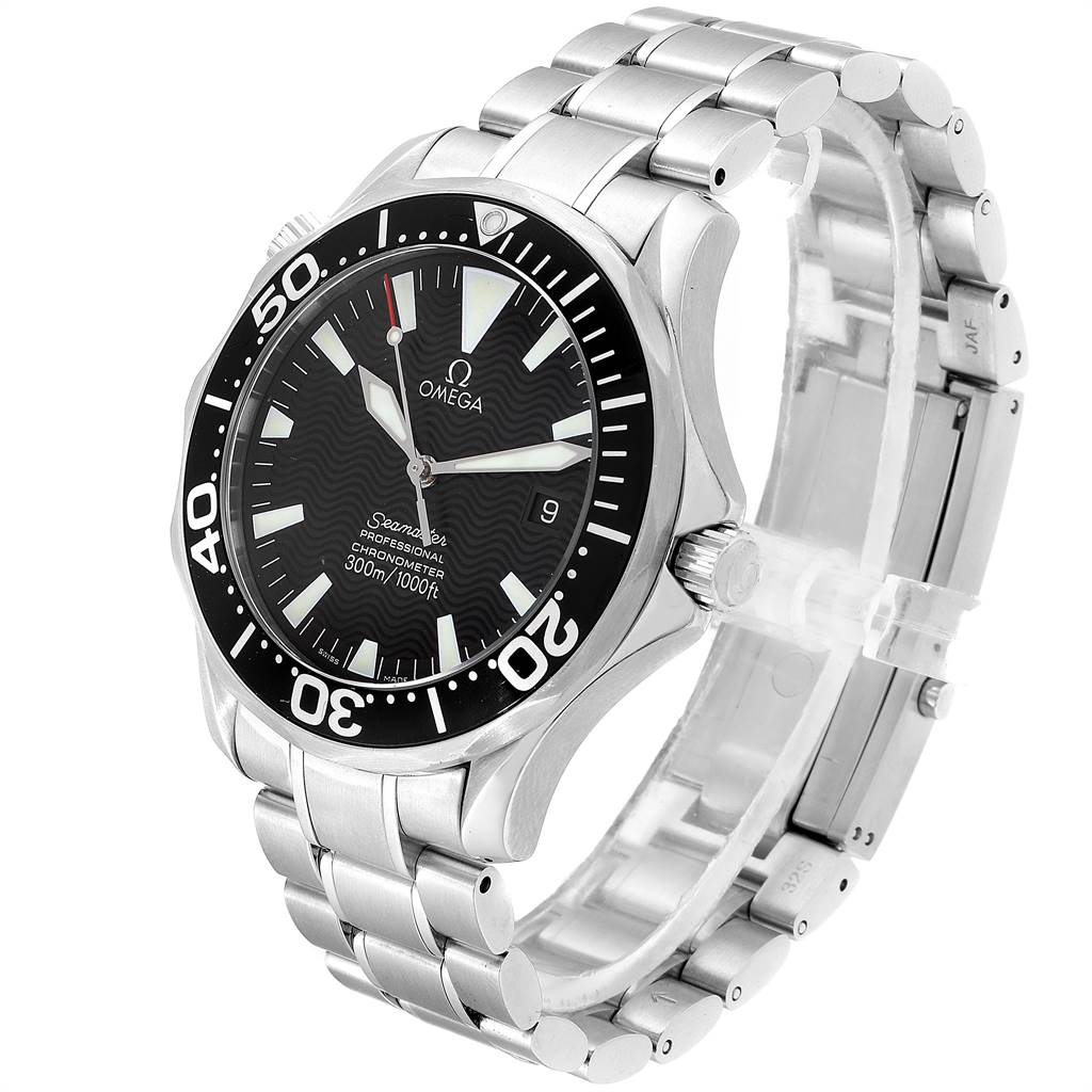 The image shows an Omega Seamaster 2254.50.00 Men
s Stainless Steel Black Dial 2254.50.00 Men
s Stainless Steel Black Dial watch at a three-quarter angle, highlighting the bezel, dial, and bracelet.