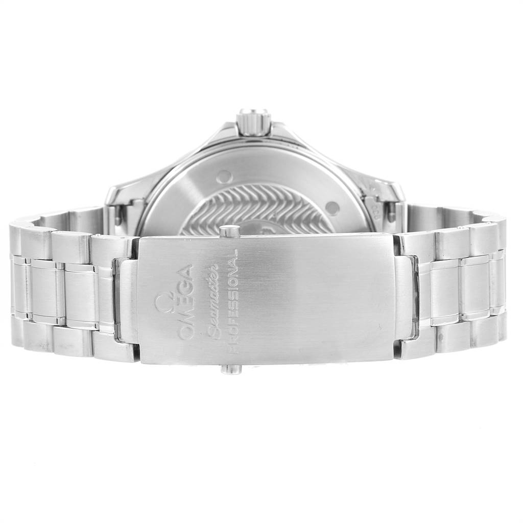 The image shows the back side and clasp of an Omega Seamaster 2254.50.00 Men
s Stainless Steel Black Dial 2254.50.00 Men
s Stainless Steel Black Dial watch, emphasizing its stainless steel bracelet and engraved clasp.