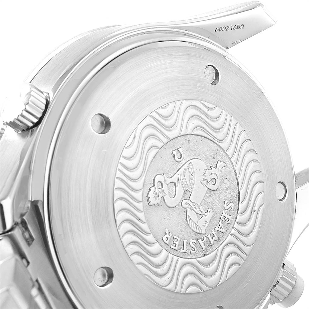 The image shows the back case of an Omega Seamaster 2599.80.00 Men
s Stainless Steel Blue Dial 2599.80.00 Men
s Stainless Steel Blue Dial watch at an angled close-up view, highlighting the engraving and back side details.