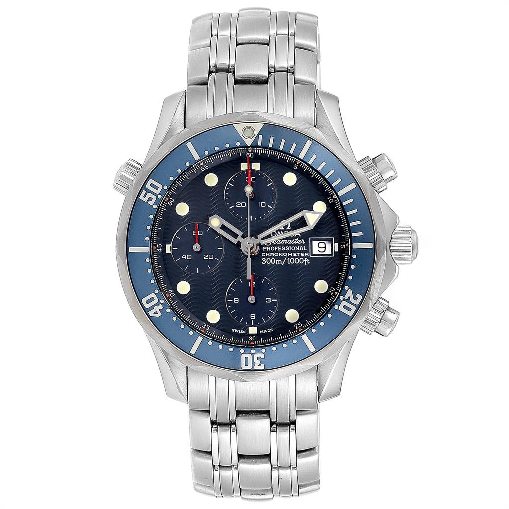 This image shows a front view of the Omega Seamaster 2599.80.00 Men
s Stainless Steel Blue Dial 2599.80.00 Men
s Stainless Steel Blue Dial watch, displaying the dial, bezel, chronograph subdials, and bracelet.