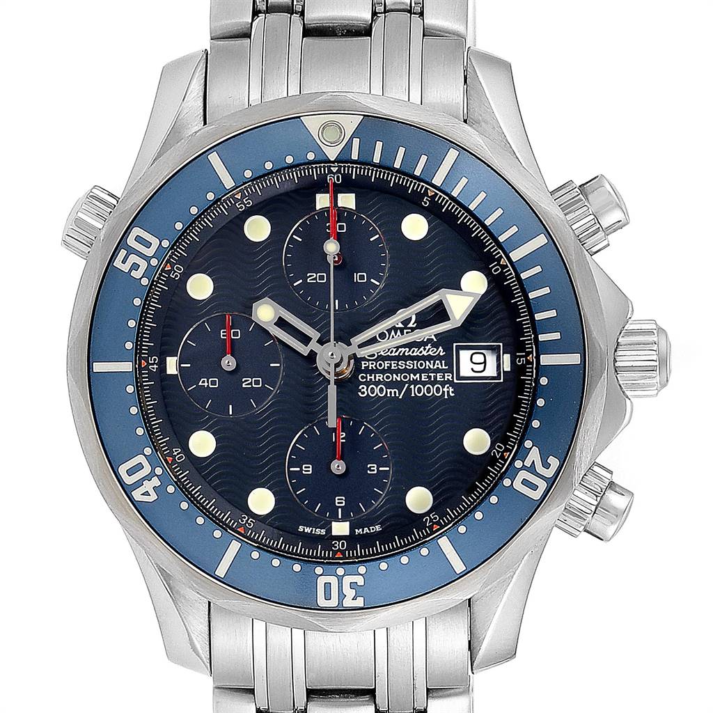 The Omega Seamaster 2599.80.00 Men
s Stainless Steel Blue Dial 2599.80.00 Men
s Stainless Steel Blue Dial watch is shown from a front angle, highlighting the face, bezel, chronograph dials, and bracelet.