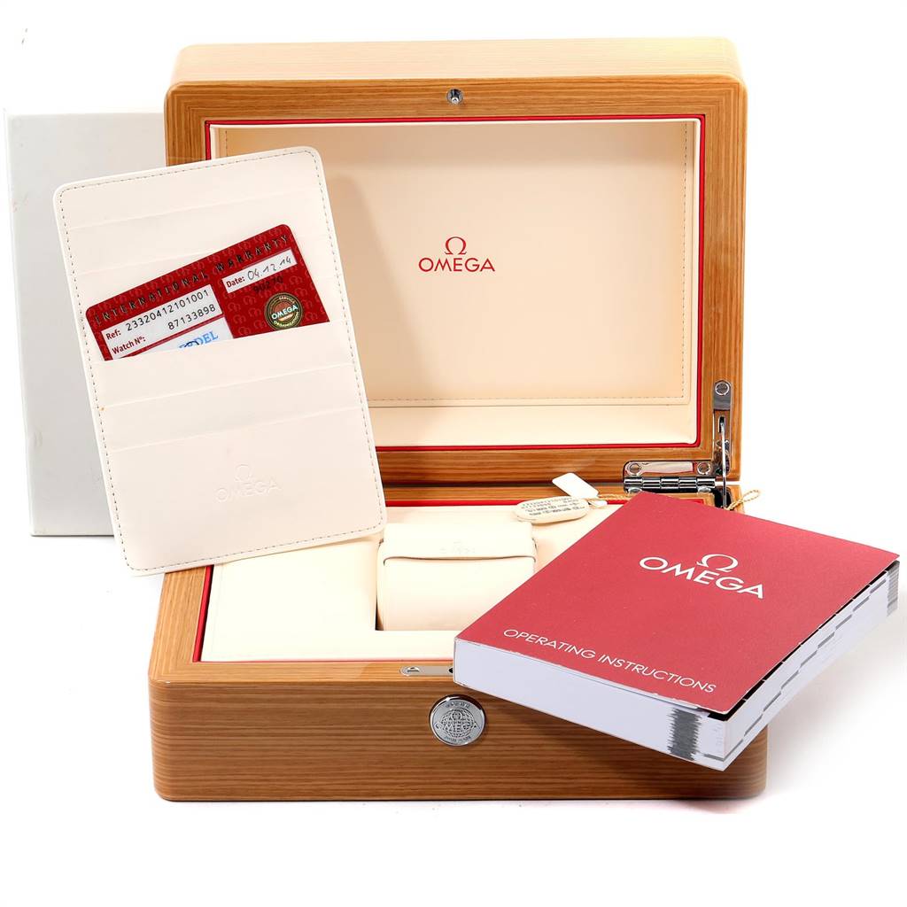 The image shows the presentation box, operating instructions booklet, and warranty card for the Omega Seamaster 233.20.41.21.01.001 Men's Steel and Gold (two tone) Black Dial 233.20.41.21.01.001 Men's Steel and Gold (two tone) Black Dial watch.