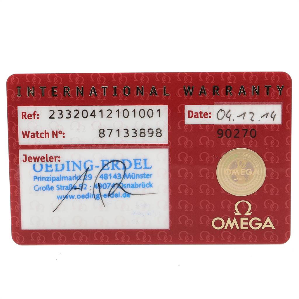 This image shows an international warranty card for an Omega Seamaster 233.20.41.21.01.001 Men's Steel and Gold (two tone) Black Dial 233.20.41.21.01.001 Men's Steel and Gold (two tone) Black Dial watch, displaying reference number, watch number, date, and jeweler information.