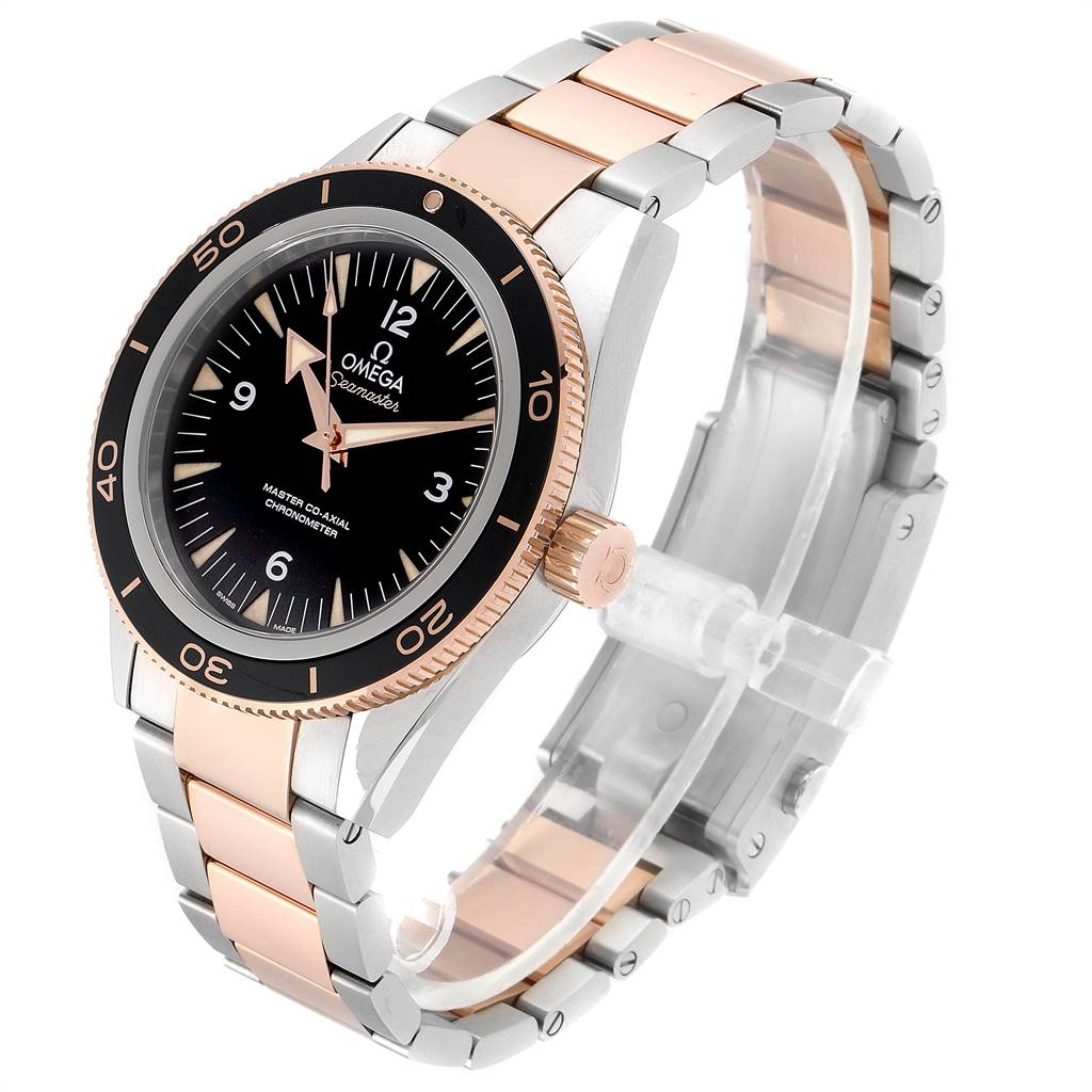 The image shows an Omega Seamaster 233.20.41.21.01.001 Men's Steel and Gold (two tone) Black Dial 233.20.41.21.01.001 Men's Steel and Gold (two tone) Black Dial watch at a three-quarter angle, displaying the face, bezel, crown, and bracelet.