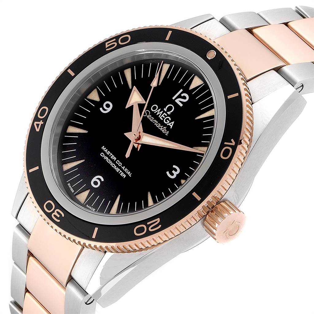 This image shows an Omega Seamaster 233.20.41.21.01.001 Men's Steel and Gold (two tone) Black Dial 233.20.41.21.01.001 Men's Steel and Gold (two tone) Black Dial watch angled from the front and slightly to the right, highlighting the bezel, dial, and part of the bracelet.
