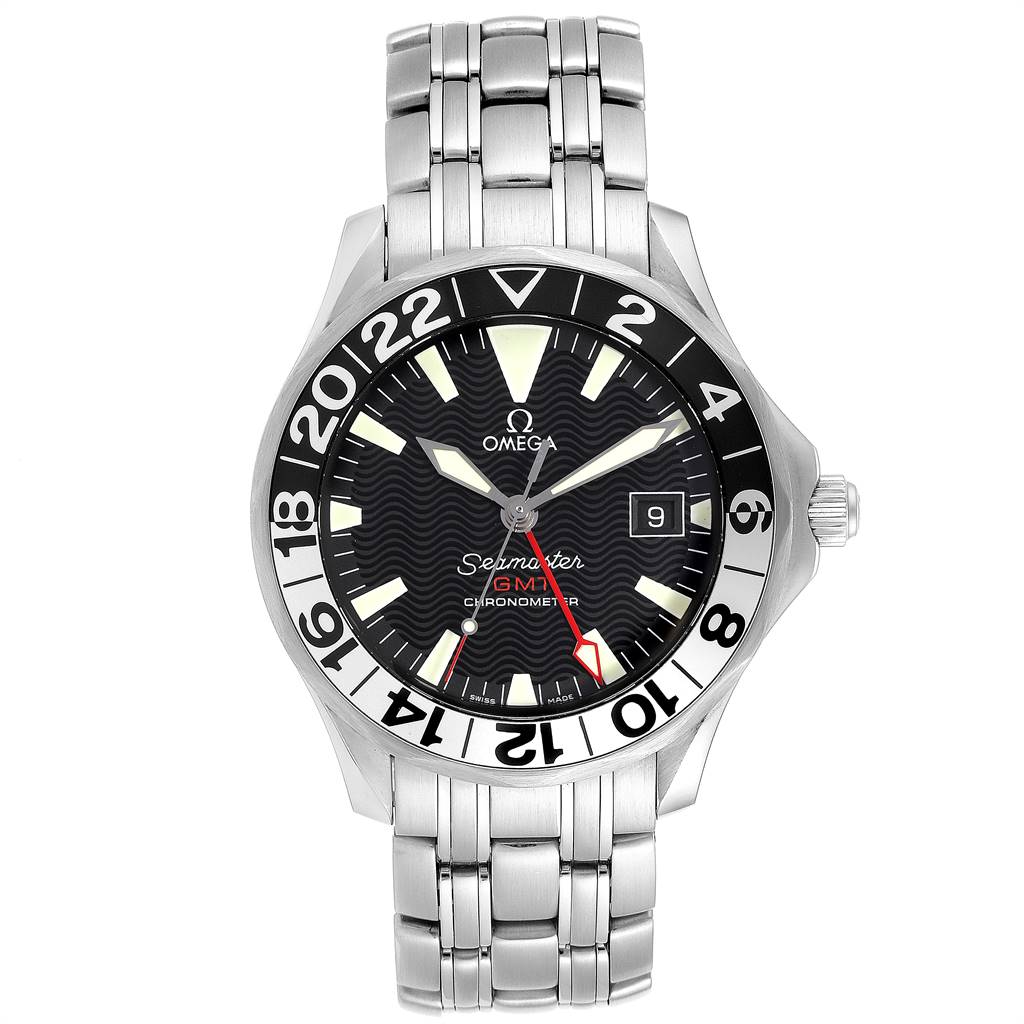 The image displays a front view of the Omega Seamaster 2234.50.00 Men's Stainless Steel Black Dial 2234.50.00 Men's Stainless Steel Black Dial watch, showcasing its face, bezel, and metal bracelet.