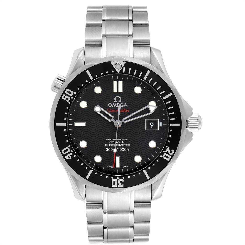 This Omega Seamaster 212.30.41.20.01.002 Men
s Stainless Steel Black Dial 212.30.41.20.01.002 Men
s Stainless Steel Black Dial watch is shown from the front, displaying its black dial, bezel, and stainless steel bracelet.