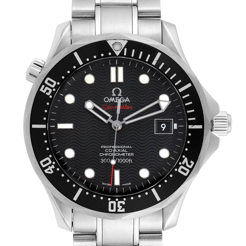 The image shows a front view of an Omega Seamaster 212.30.41.20.01.002 Men
s Stainless Steel Black Dial 212.30.41.20.01.002 Men
s Stainless Steel Black Dial watch, featuring the dial, hands, bezel, and bracelet.