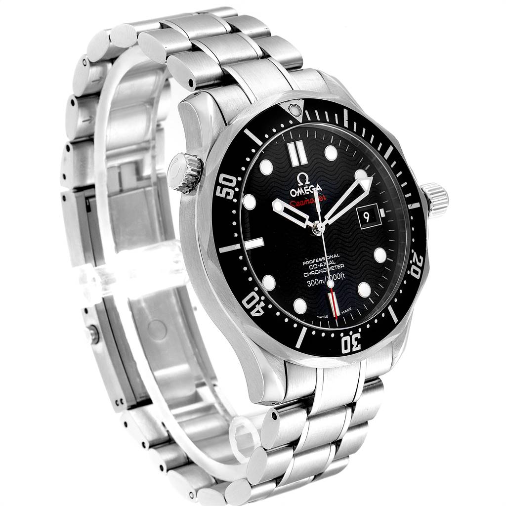 The Omega Seamaster 212.30.41.20.01.002 Men
s Stainless Steel Black Dial 212.30.41.20.01.002 Men
s Stainless Steel Black Dial watch is shown at a three-quarter angle, highlighting the face, bezel, and stainless steel bracelet.