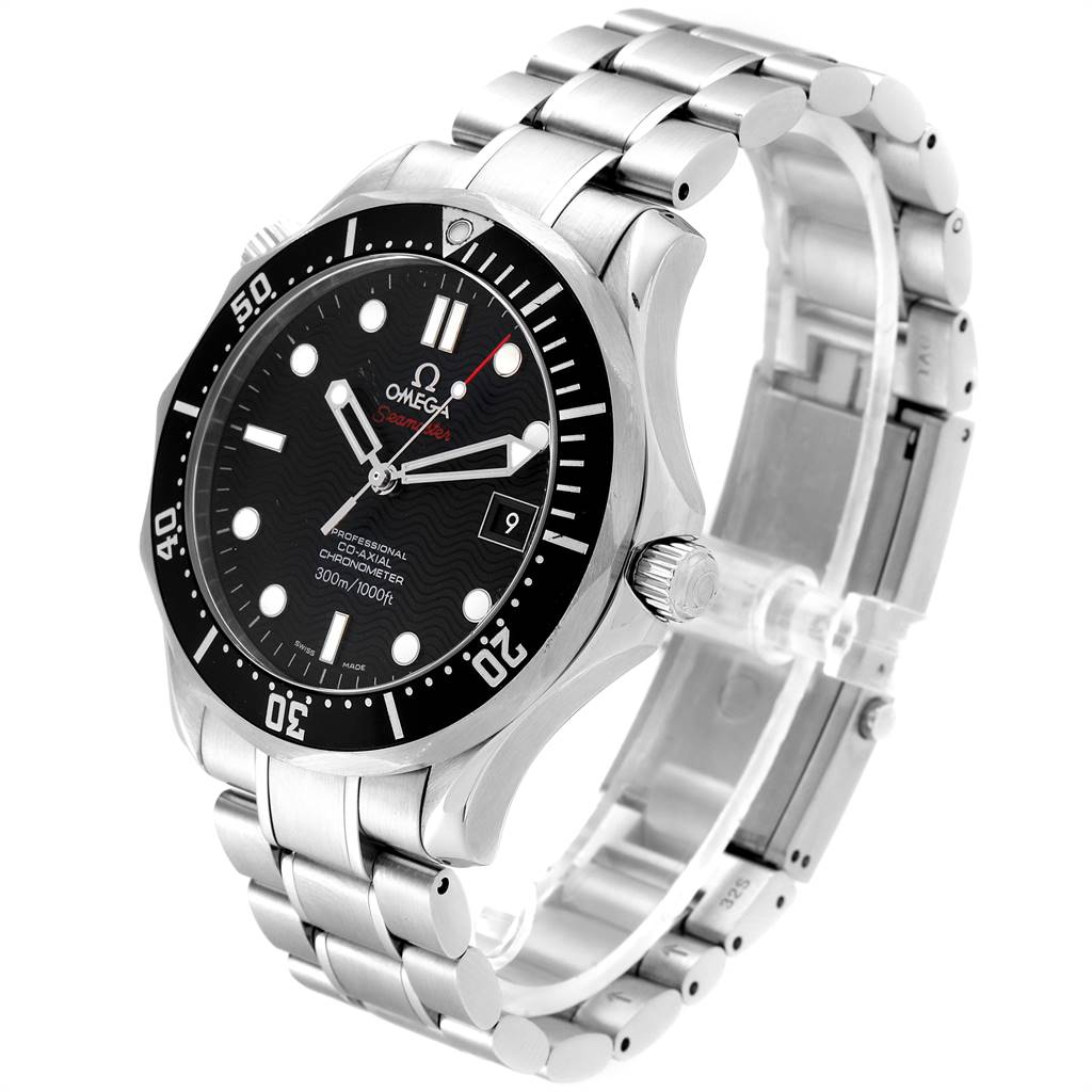 The Omega Seamaster 212.30.41.20.01.002 Men
s Stainless Steel Black Dial 212.30.41.20.01.002 Men
s Stainless Steel Black Dial watch is shown at a three-quarter angle, highlighting the face, bezel, crown, and stainless steel bracelet.