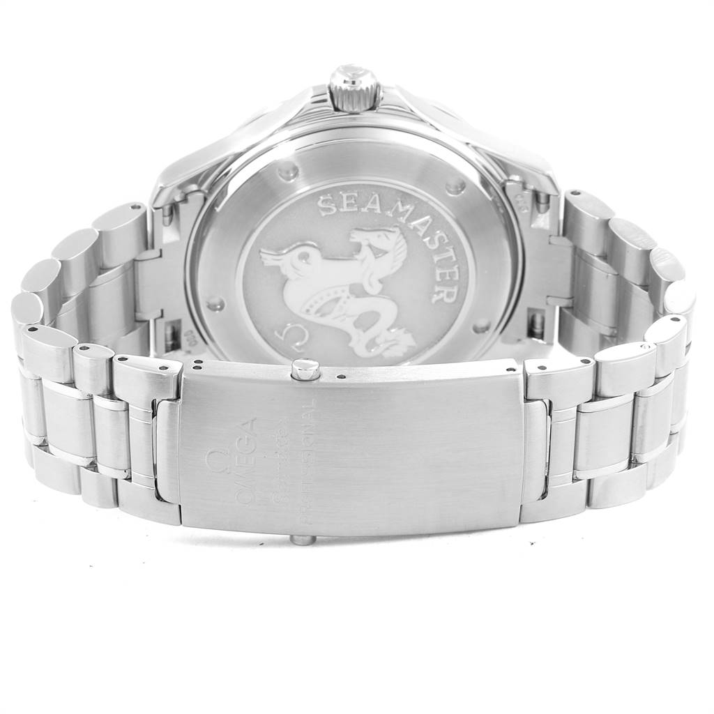 The image shows the back and clasp of an Omega Seamaster 212.30.41.20.01.002 Men
s Stainless Steel Black Dial 212.30.41.20.01.002 Men
s Stainless Steel Black Dial watch, highlighting the case back and metal bracelet.