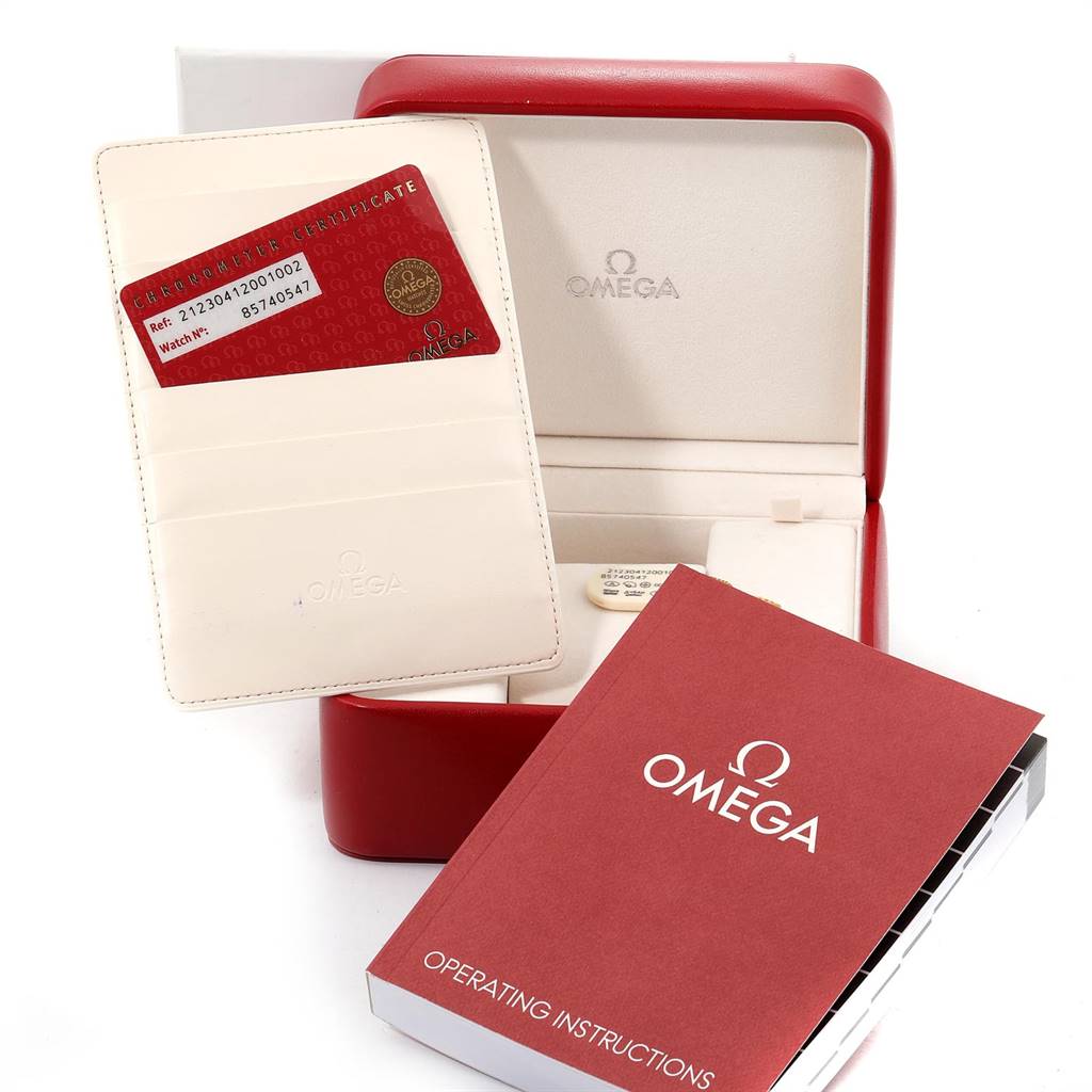 The image shows a red Omega watch box, instruction manual, warranty cardholder, and certificate for the Omega Seamaster 212.30.41.20.01.002 Men
s Stainless Steel Black Dial 212.30.41.20.01.002 Men
s Stainless Steel Black Dial watch.