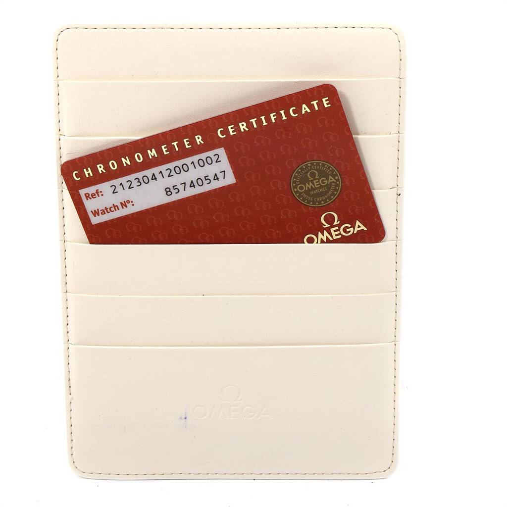 The image shows an Omega Seamaster 212.30.41.20.01.002 Men
s Stainless Steel Black Dial 212.30.41.20.01.002 Men
s Stainless Steel Black Dial model chronometer certificate card placed in a white cardholder.