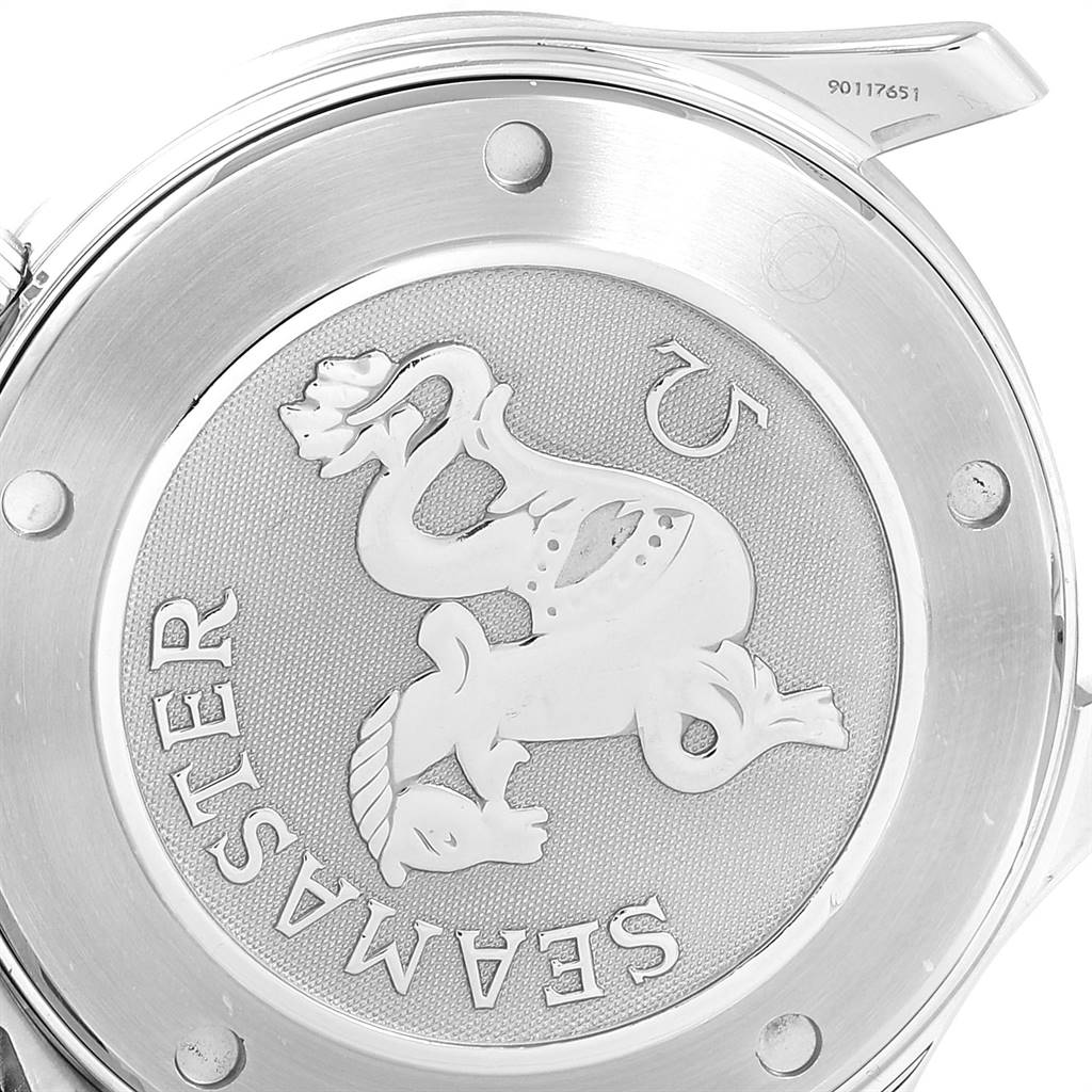 This image shows the case back of an Omega Seamaster 2221.80.00 Men
s Stainless Steel Blue Dial 2221.80.00 Men
s Stainless Steel Blue Dial watch, featuring the brand’s emblem and model name.