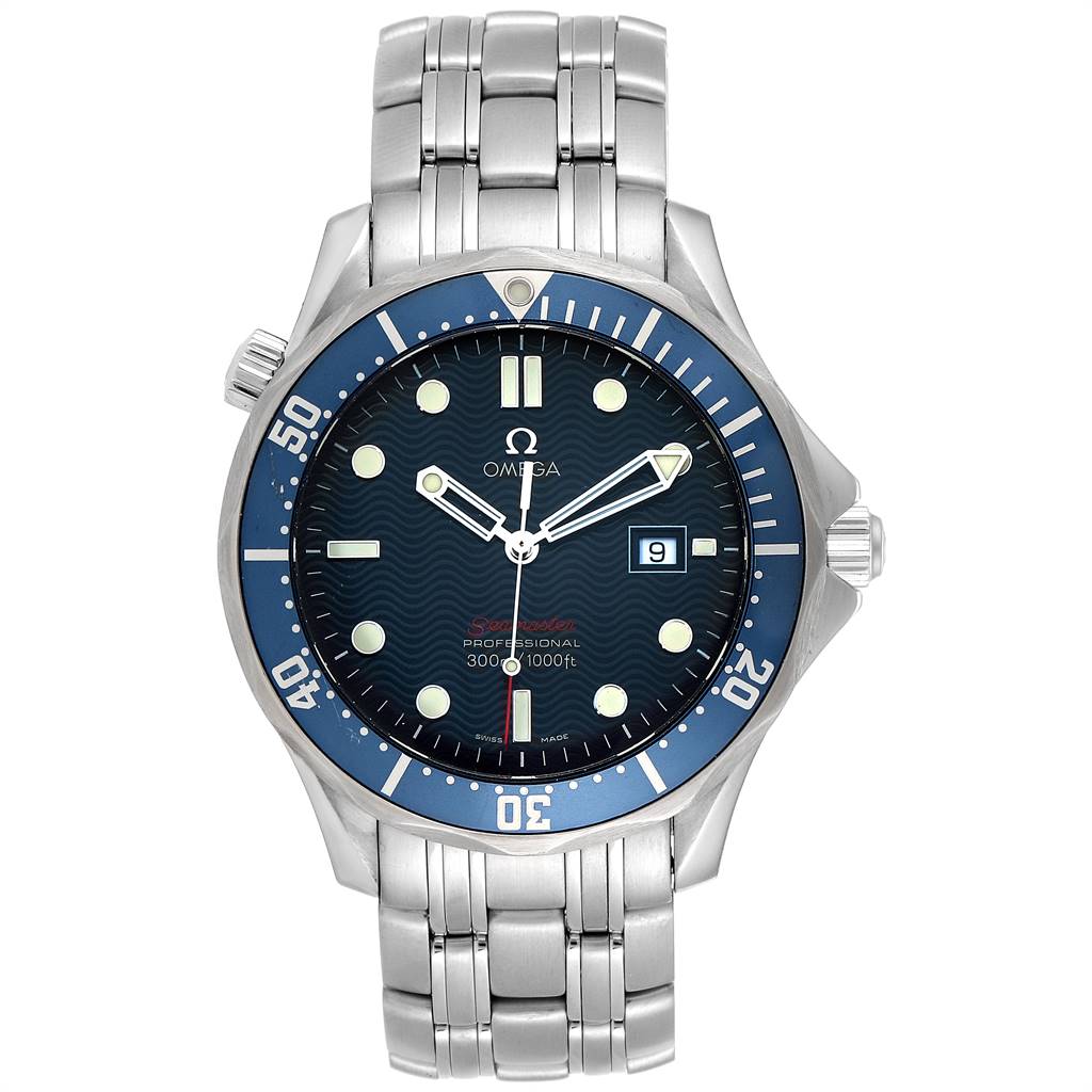 The image shows a head-on view of an Omega Seamaster 2221.80.00 Men
s Stainless Steel Blue Dial 2221.80.00 Men
s Stainless Steel Blue Dial watch, displaying the face, bezel, and metal bracelet.