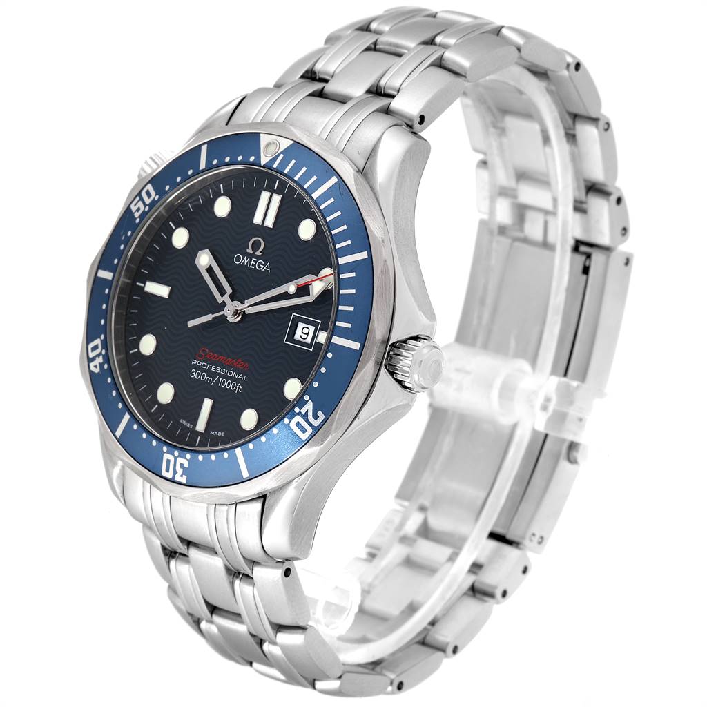 The image shows an Omega Seamaster 2221.80.00 Men
s Stainless Steel Blue Dial 2221.80.00 Men
s Stainless Steel Blue Dial watch angled to display the face, bezel, and bracelet.