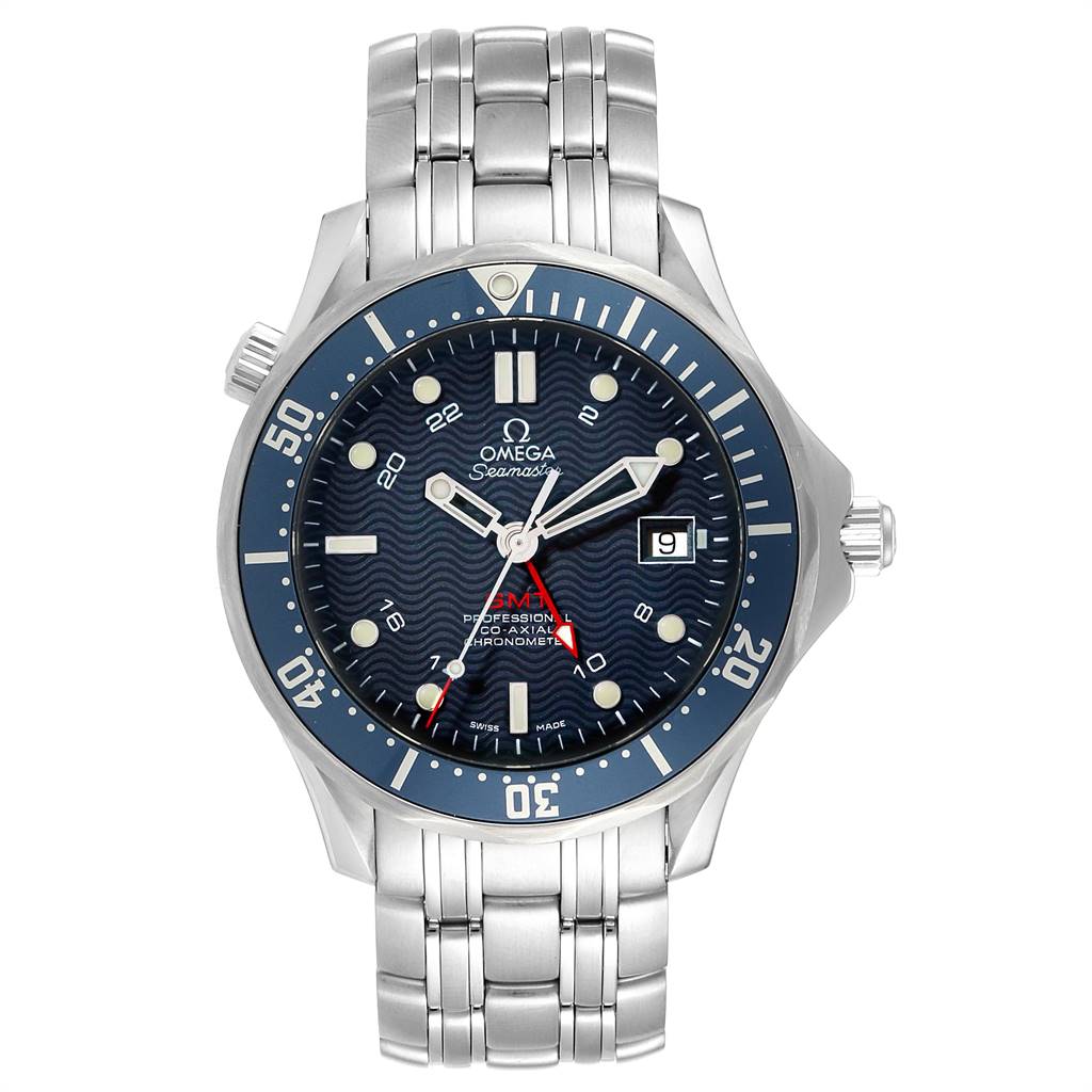 The Omega Seamaster 2535.80.00 Men's Stainless Steel Blue Dial 2535.80.00 Men's Stainless Steel Blue Dial watch is shown from a front angle, displaying the face, bezel, crown, and stainless steel bracelet.