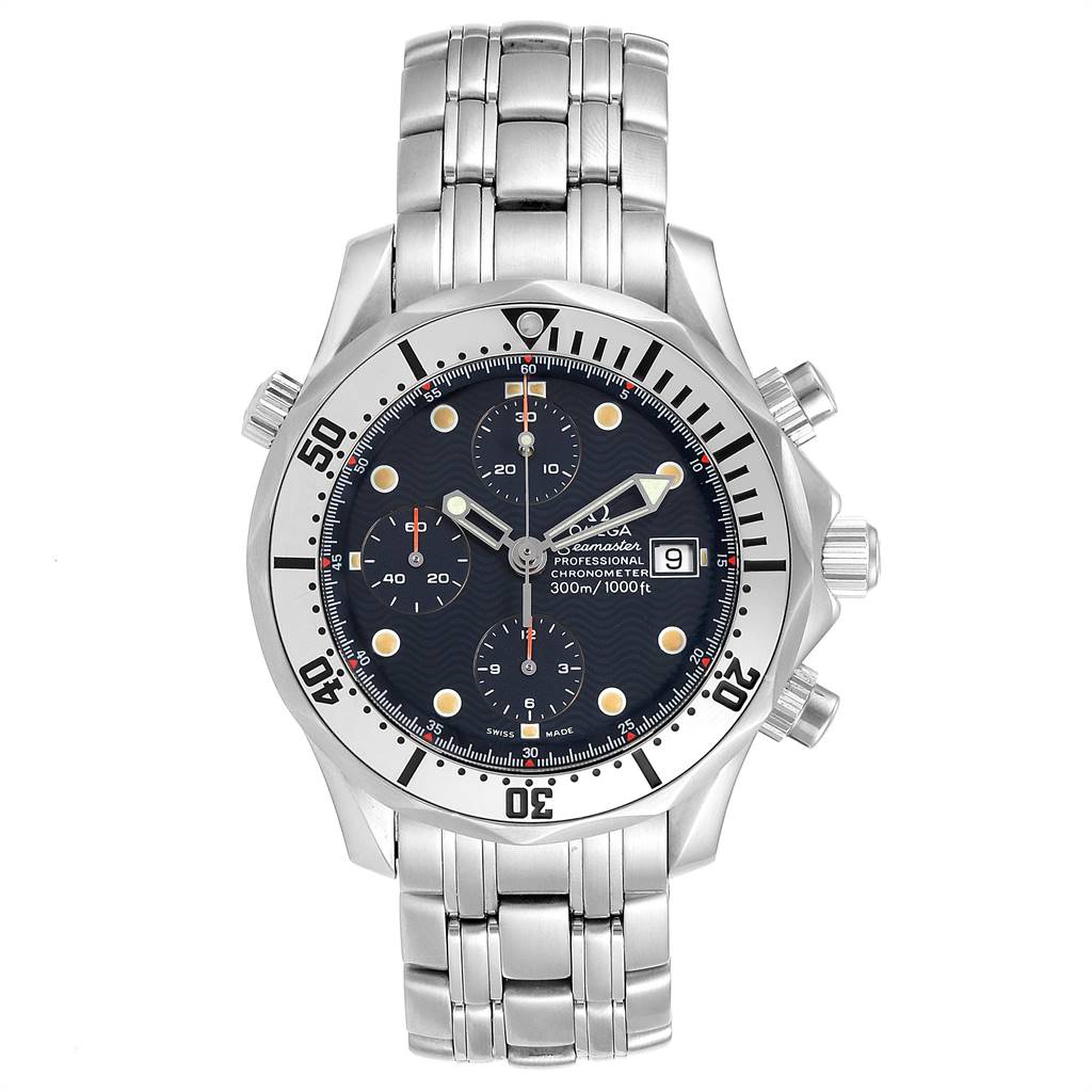 The Omega Seamaster 2598.80.00 Men
s Stainless Steel Blue Dial 2598.80.00 Men
s Stainless Steel Blue Dial watch is shown from a top-down angle, highlighting its dial, bezel, and metal bracelet.