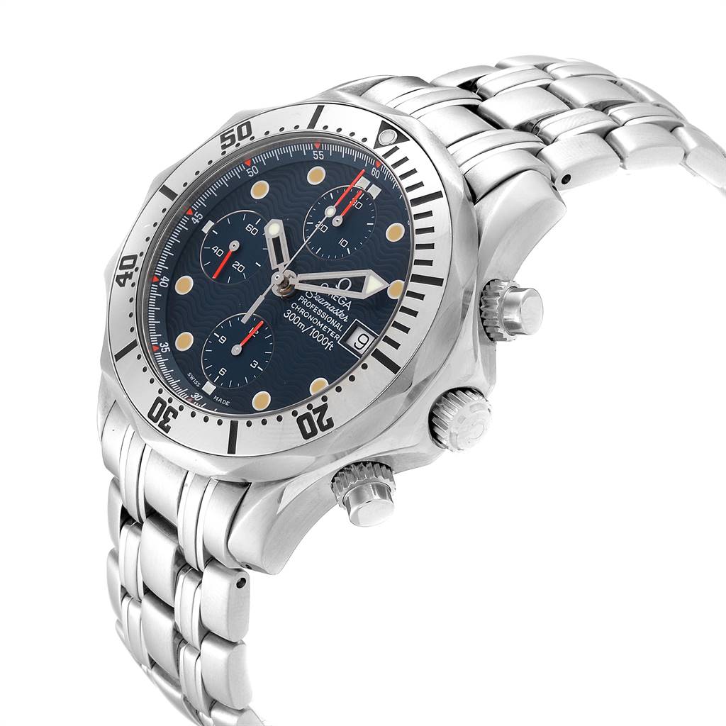 The Omega Seamaster 2598.80.00 Men
s Stainless Steel Blue Dial 2598.80.00 Men
s Stainless Steel Blue Dial watch is shown at a three-quarter angle, displaying the face, bezel, and part of the bracelet.