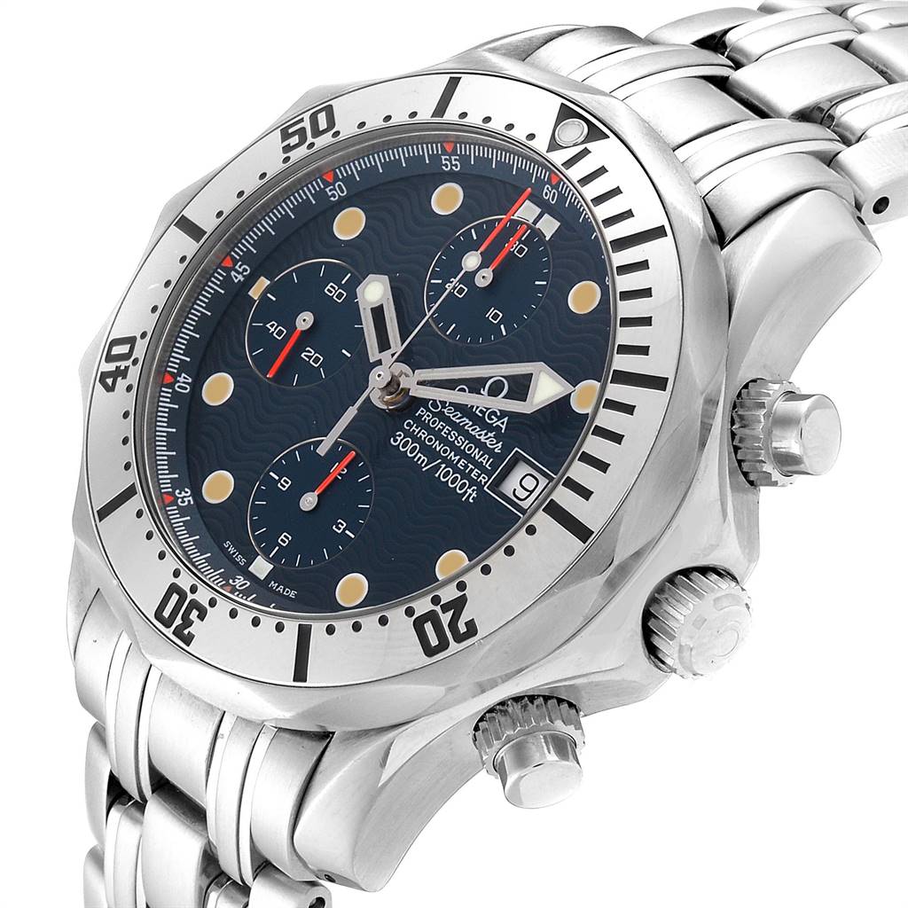 The Omega Seamaster 2598.80.00 Men
s Stainless Steel Blue Dial 2598.80.00 Men
s Stainless Steel Blue Dial watch is shown at an oblique angle, highlighting its dial, bezel, bracelet, and chronograph pushers.