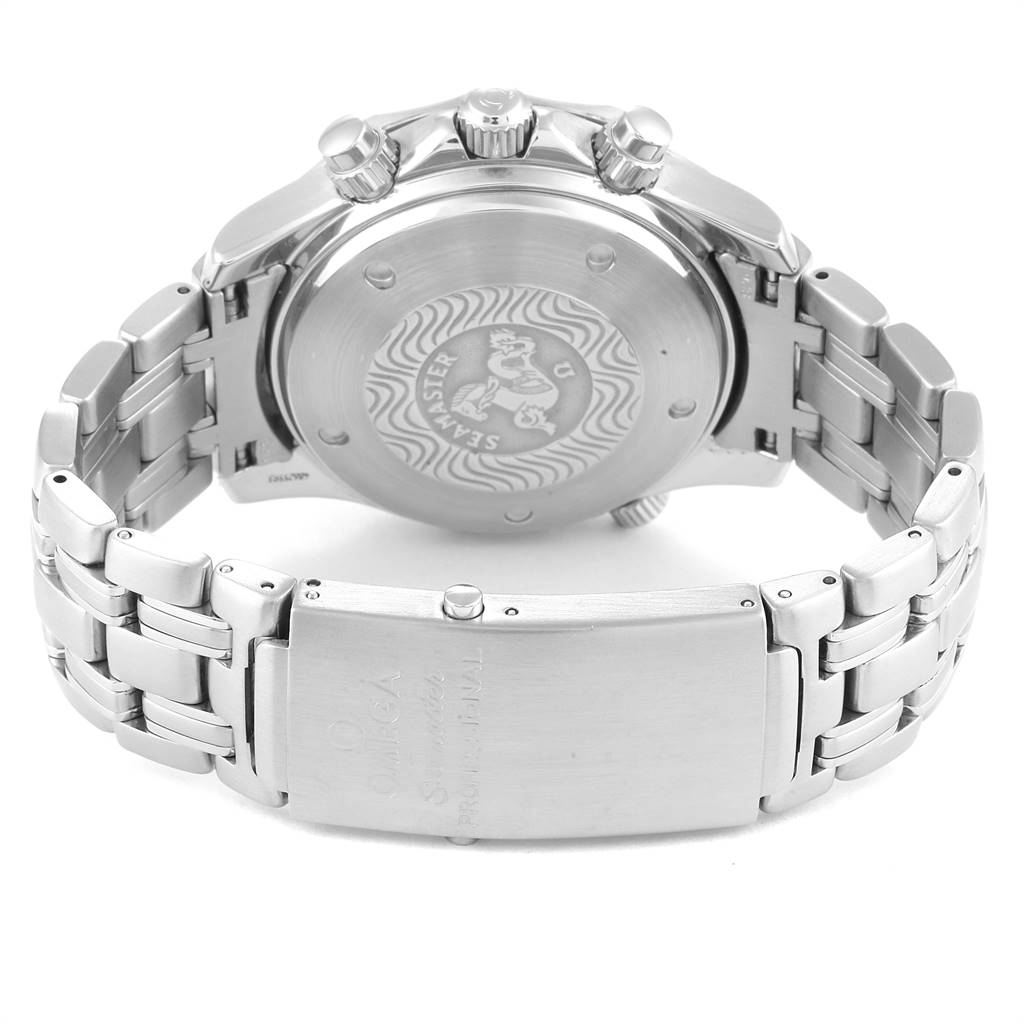 The image shows the back and clasp of an Omega Seamaster 2598.80.00 Men
s Stainless Steel Blue Dial 2598.80.00 Men
s Stainless Steel Blue Dial watch, highlighting the case back and bracelet detailing.