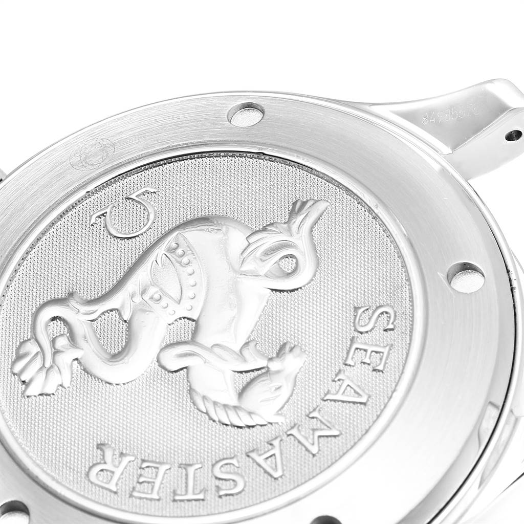 This image shows the case back of an Omega Seamaster 212.30.41.20.01.002 Men
s Stainless Steel Black Dial 212.30.41.20.01.002 Men
s Stainless Steel Black Dial watch, featuring the sea horse emblem.