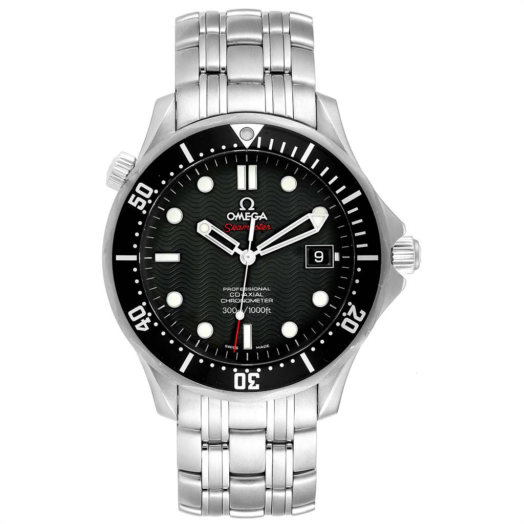 This is a front view of the Omega Seamaster 212.30.41.20.01.002 Men
s Stainless Steel Black Dial 212.30.41.20.01.002 Men
s Stainless Steel Black Dial watch, showing the dial, bezel, hands, and bracelet.