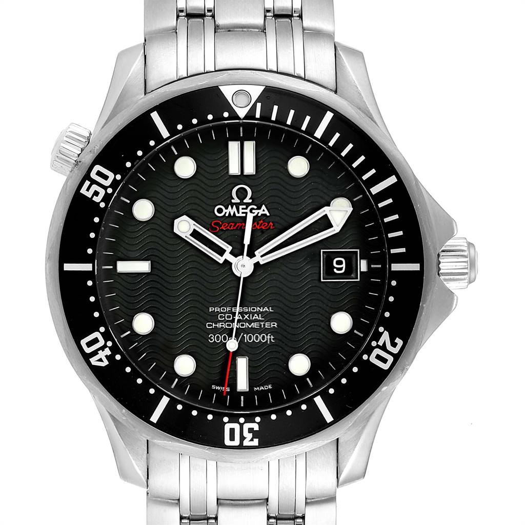 The image shows a frontal view of the Omega Seamaster 212.30.41.20.01.002 Men
s Stainless Steel Black Dial 212.30.41.20.01.002 Men
s Stainless Steel Black Dial watch, highlighting its face, bezel, crown, and stainless steel bracelet.