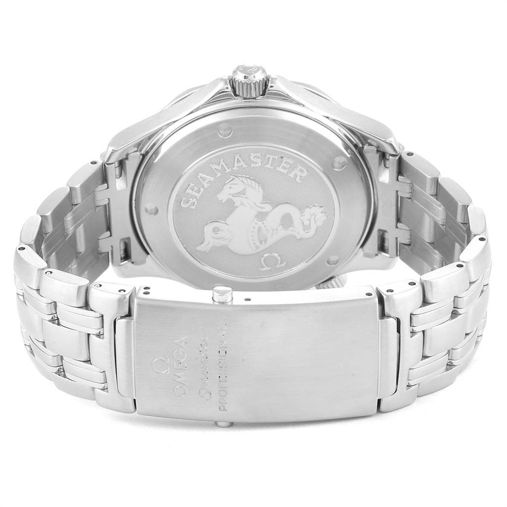 The image shows the back case and bracelet clasp of an Omega Seamaster 212.30.41.20.01.002 Men
s Stainless Steel Black Dial 212.30.41.20.01.002 Men
s Stainless Steel Black Dial watch from a rear angle.