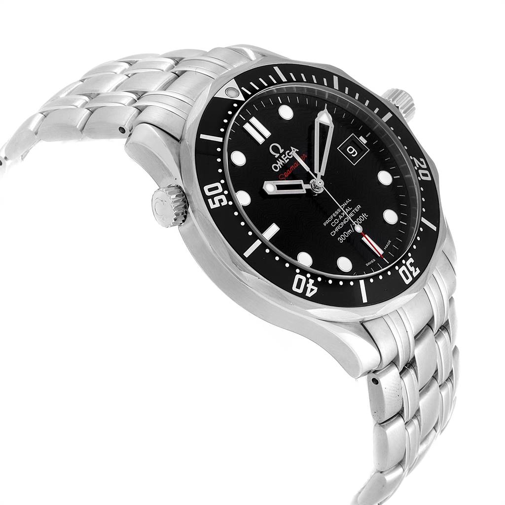 This image shows an Omega Seamaster 212.30.41.20.01.002 Men
s Stainless Steel Black Dial 212.30.41.20.01.002 Men
s Stainless Steel Black Dial watch at a slight angle, highlighting the face, bezel, crown, and stainless steel bracelet.