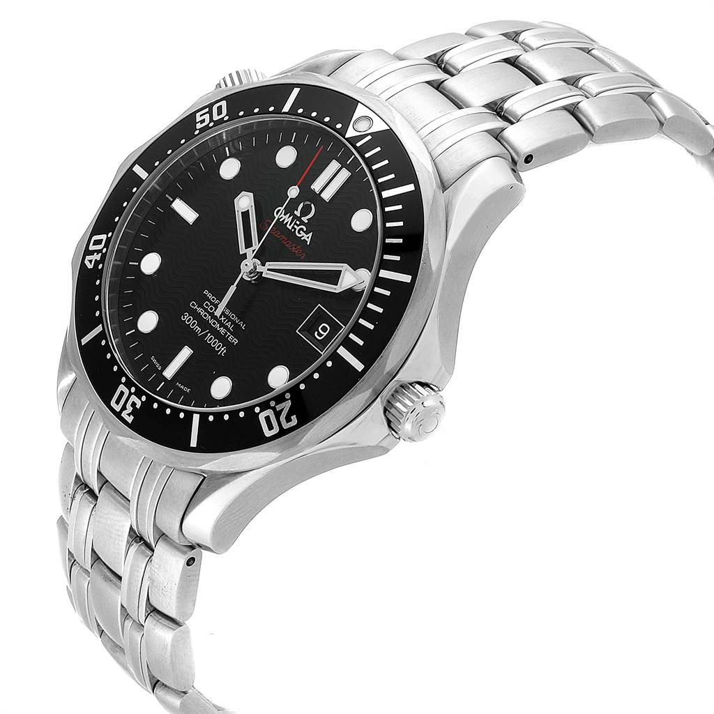 The image shows an Omega Seamaster 212.30.41.20.01.002 Men
s Stainless Steel Black Dial 212.30.41.20.01.002 Men
s Stainless Steel Black Dial watch at a slight front angle, displaying its face, bezel, crown, and stainless steel bracelet.