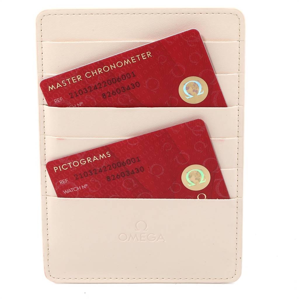 This image shows red, branded cards for the Omega Seamaster 210.32.42.20.06.001 Men's Stainless Steel Grey Dial 210.32.42.20.06.001 Men's Stainless Steel Grey Dial model in a beige Omega cardholder.