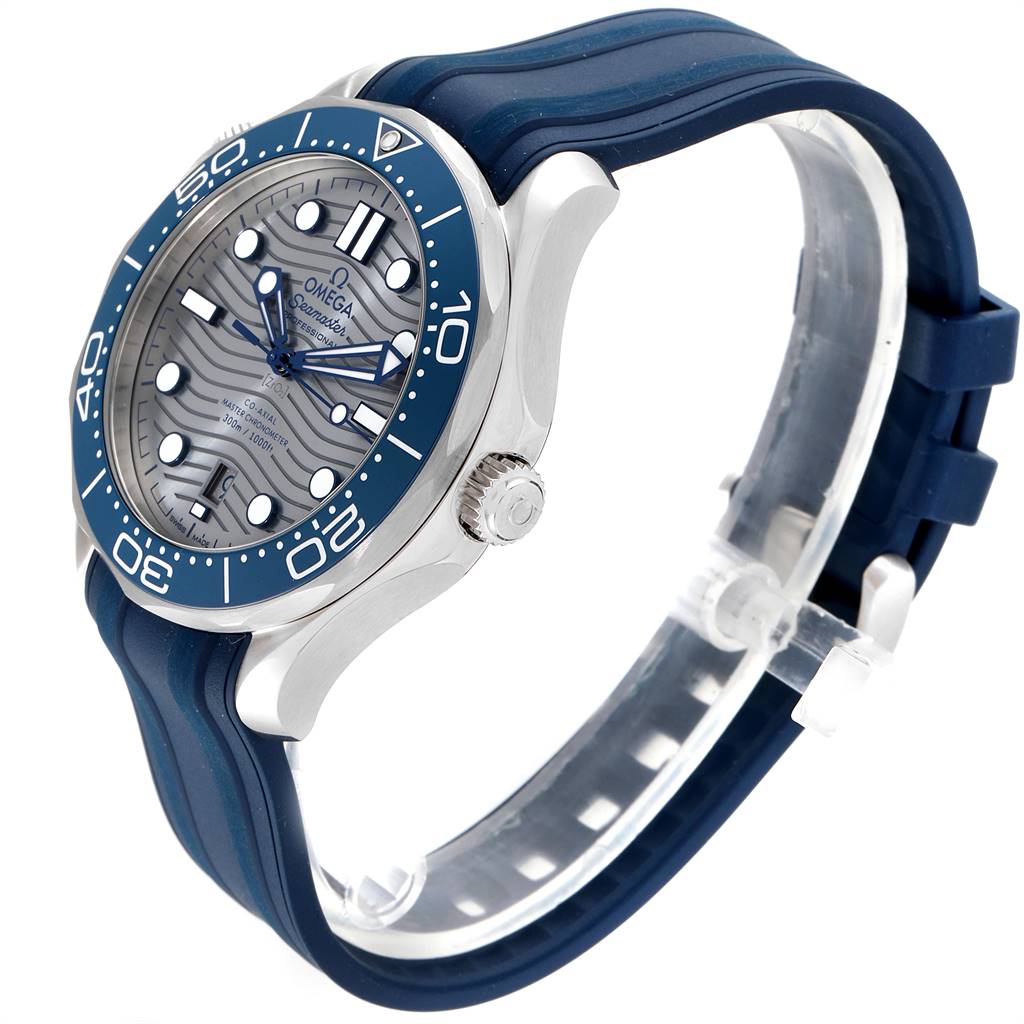 The image shows a side-angle view of the Omega Seamaster 210.32.42.20.06.001 Men's Stainless Steel Grey Dial 210.32.42.20.06.001 Men's Stainless Steel Grey Dial watch, highlighting the bezel, dial, crown, and blue strap.