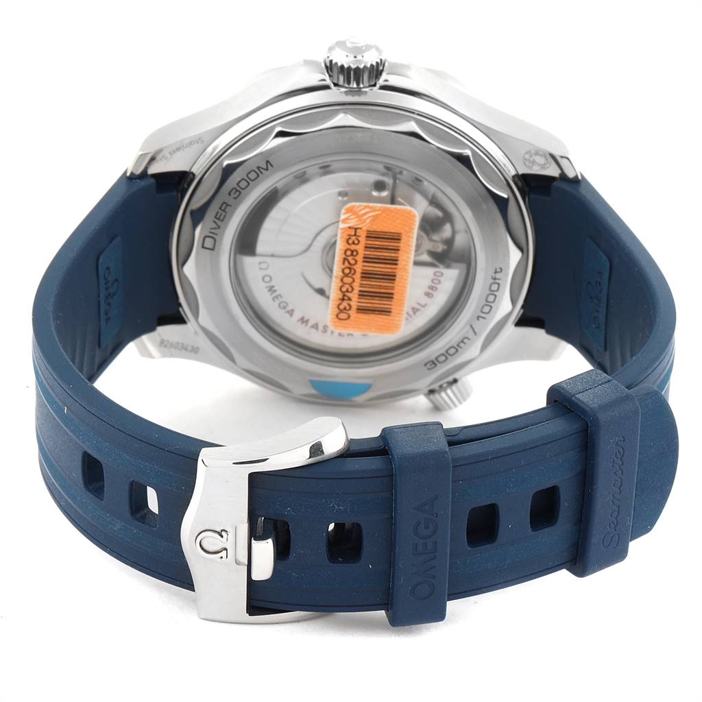 This image shows the back of an Omega Seamaster 210.32.42.20.06.001 Men's Stainless Steel Grey Dial 210.32.42.20.06.001 Men's Stainless Steel Grey Dial watch with a blue strap and exposed movement.