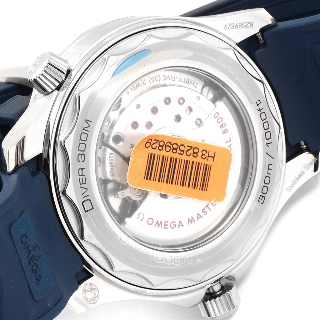 The image shows the back of an Omega Seamaster 210.32.42.20.06.001 Stainless Steel Grey Dial 210.32.42.20.06.001 Stainless Steel Grey Dial Diver 300m watch, highlighting its movement and blue strap.