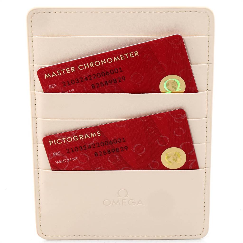 This image shows the identification cards for an Omega Seamaster 210.32.42.20.06.001 Stainless Steel Grey Dial 210.32.42.20.06.001 Stainless Steel Grey Dial watch placed in a cream-colored cardholder.