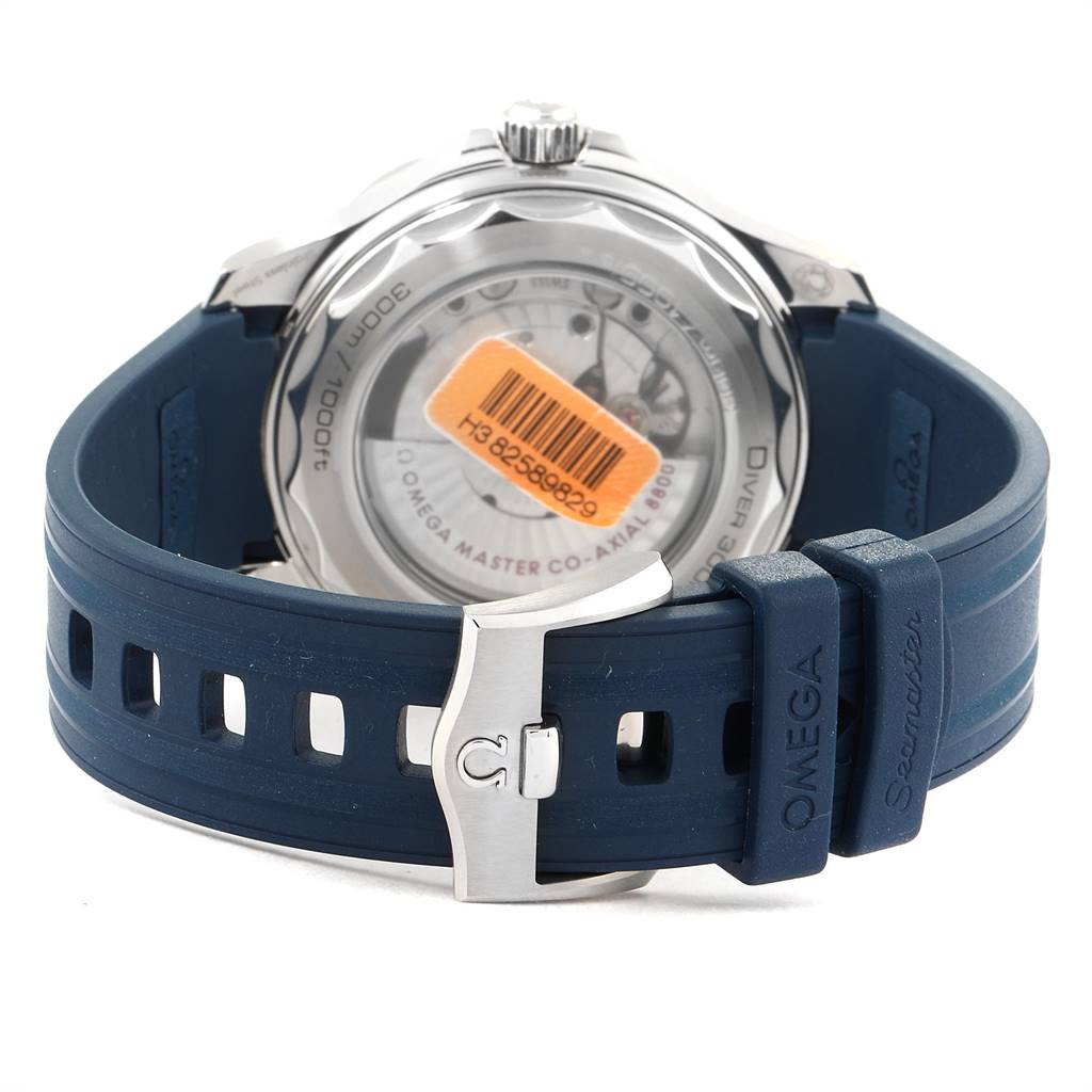 The image shows the back of the Omega Seamaster 210.32.42.20.06.001 Stainless Steel Grey Dial 210.32.42.20.06.001 Stainless Steel Grey Dial watch, focusing on its blue rubber strap and the closed clasp buckle.