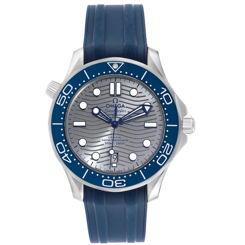 The Omega Seamaster 210.32.42.20.06.001 Stainless Steel Grey Dial 210.32.42.20.06.001 Stainless Steel Grey Dial watch is shown from the front, displaying its dial, bezel, and blue rubber strap.