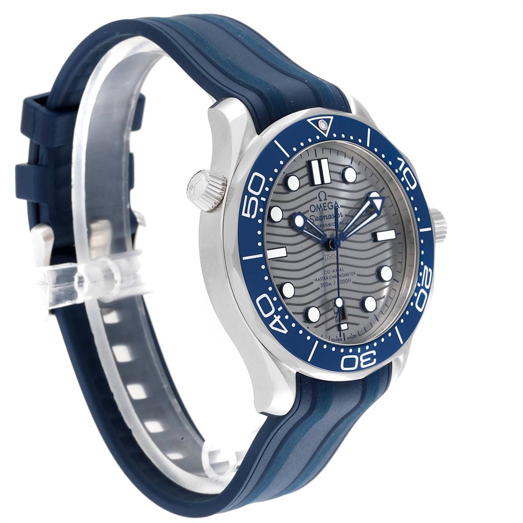 The image shows an angled side view of the Omega Seamaster 210.32.42.20.06.001 Stainless Steel Grey Dial 210.32.42.20.06.001 Stainless Steel Grey Dial watch, highlighting its face, bezel, and blue strap.