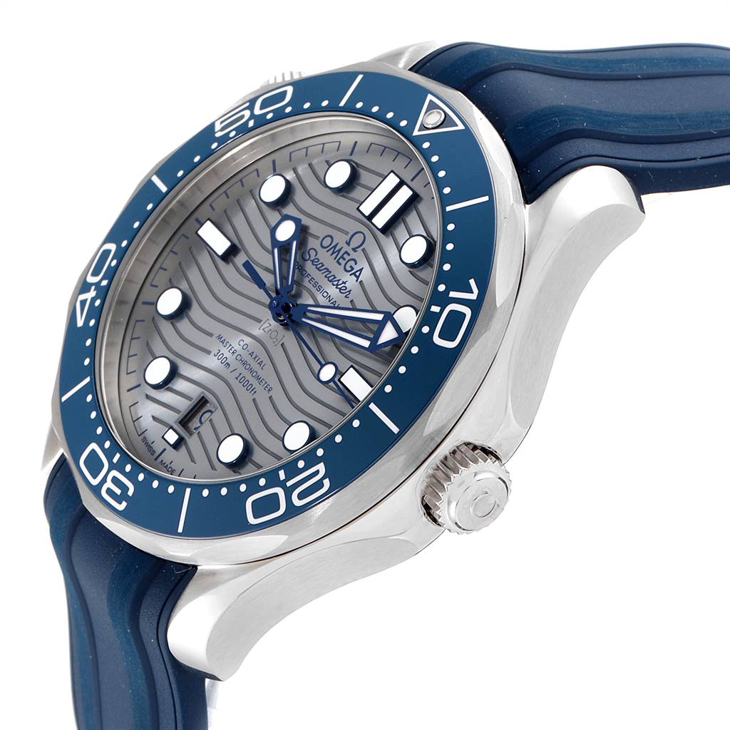 This image shows an angled view of the Omega Seamaster 210.32.42.20.06.001 Stainless Steel Grey Dial 210.32.42.20.06.001 Stainless Steel Grey Dial watch, highlighting the dial, bezel, crown, and part of the strap.